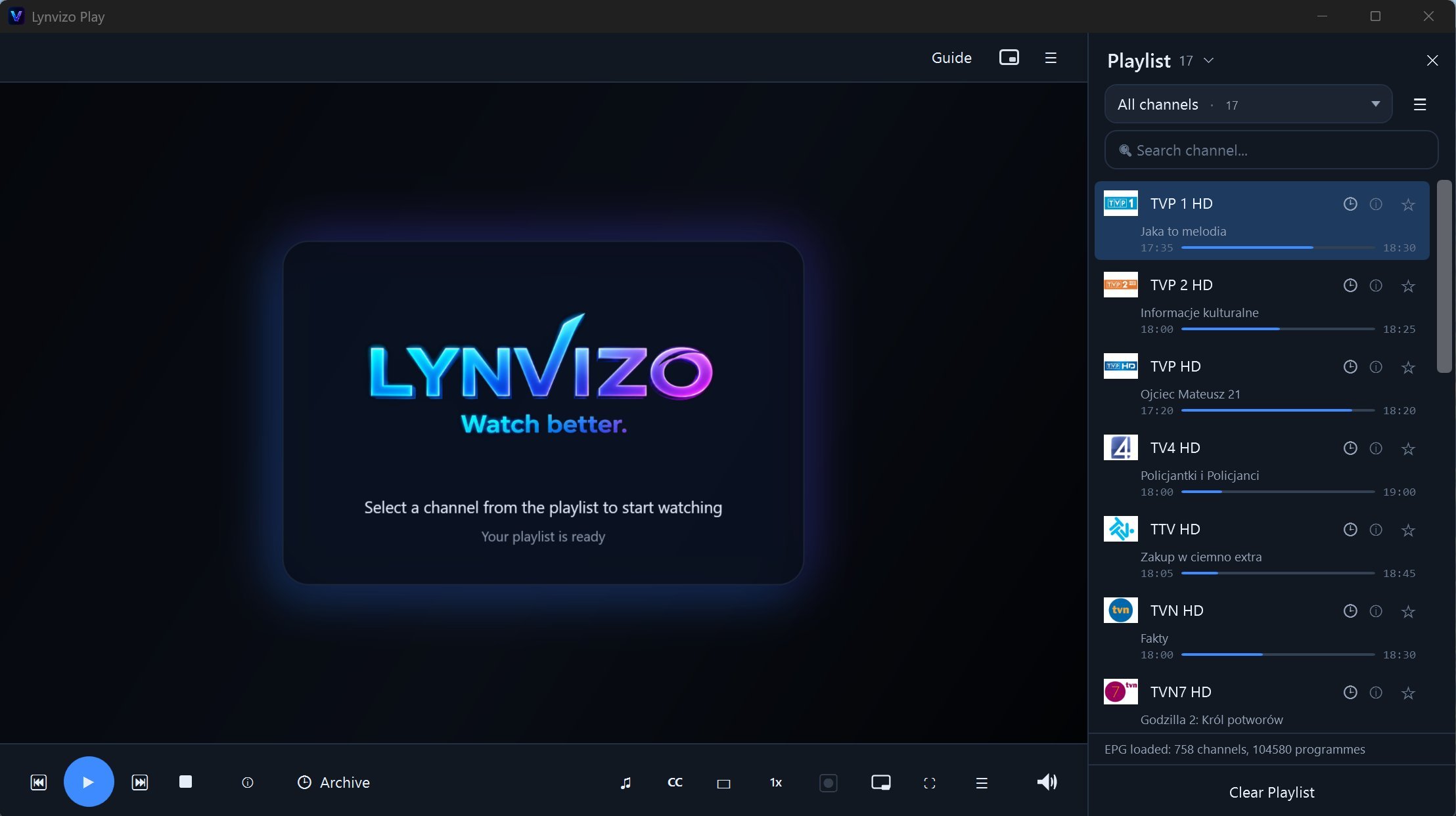 Live TV with playlist panel