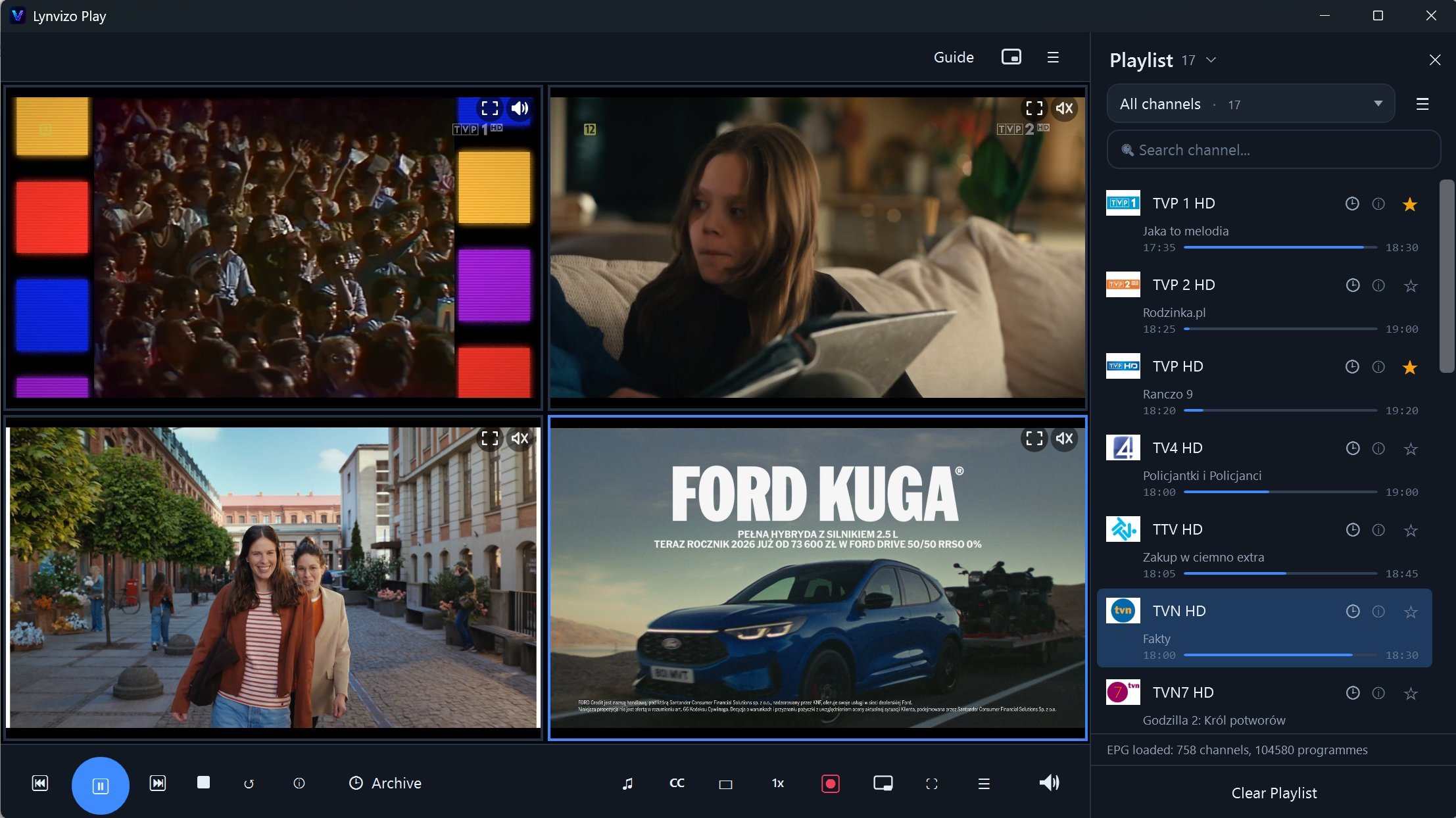 Lynvizo — Multi-screen with 4 channels playing simultaneously